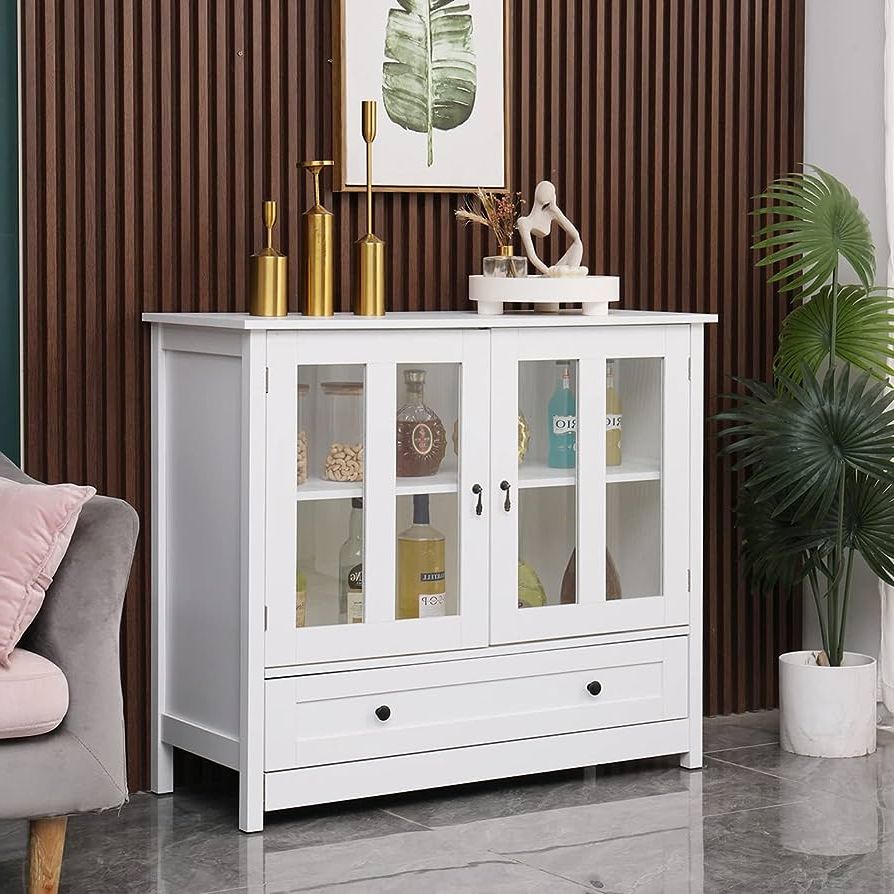Amazon – Large Buffet Cabinet For Living Room Kitchen, White Storage  Sideboard With Glass Doors And Drawer, Credenza Console Table For Dining  Room Entryway, Wooden Serve Cupboard Pantry Cabinet With Shelves – Intended For Best And Newest Wide Buffet Cabinets For Dining Room (View 2 of 10)