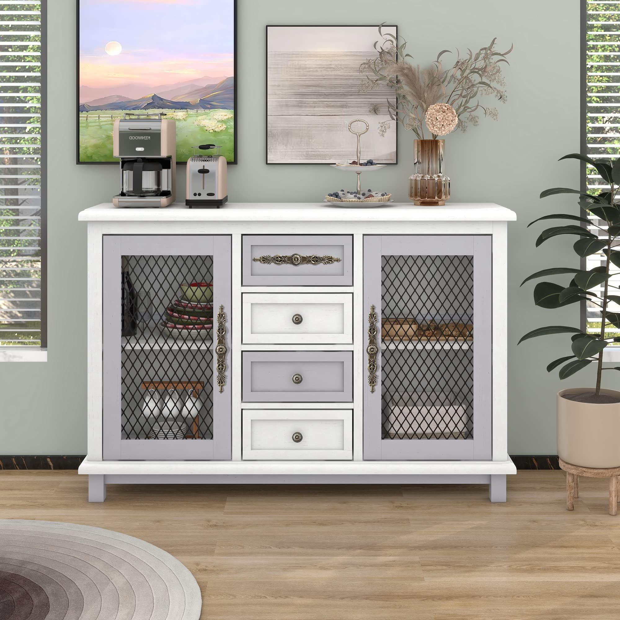 Amazon: Merax Retro Style Cabinet With 4 Drawers Of The Same Size And 2  Iron Mesh Doors For Living Room And Entryway,functional Sideboard, White 3  : Home & Kitchen With 2019 Sideboards With Breathable Mesh Doors (Photo 2 of 10)