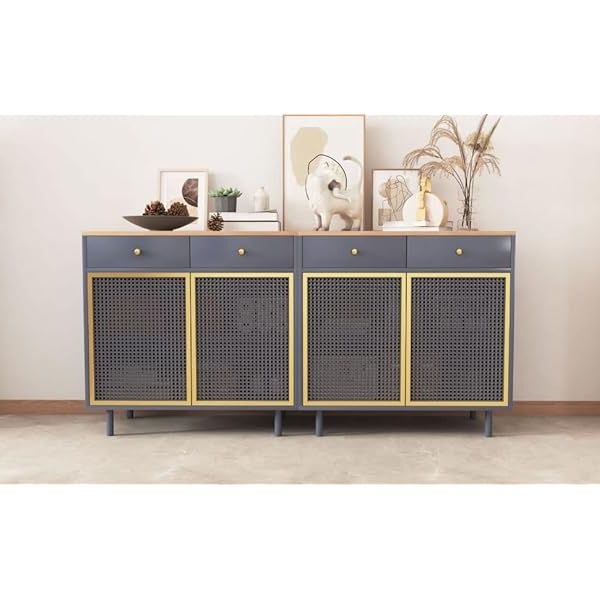 Amazon: Modern Buffet Sideboard Cabinet Set Of 2, Accent Iron Rattan  Kitchen Storage Cabinet Console Television Table With 2 Doors And 2  Drawers, Buffet Cabinet Accent Cabinet For Living Room Bedroom (blue) : Pertaining To Preferred Sideboards With Breathable Mesh Doors (Photo 8 of 10)