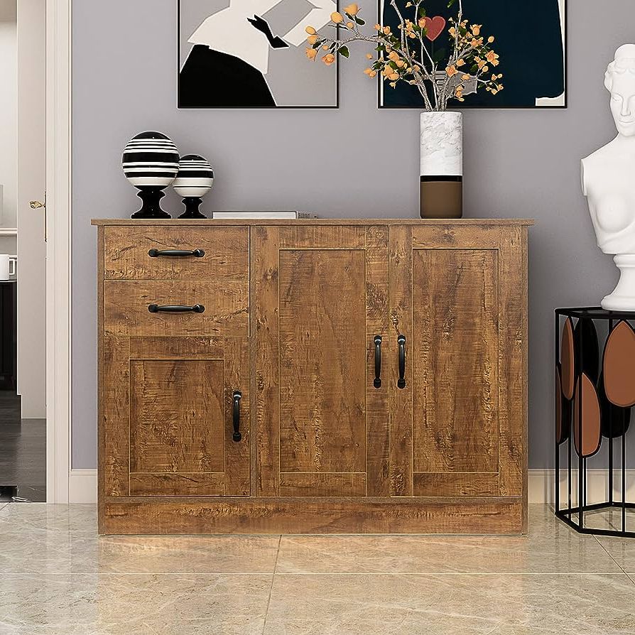 Amazon – Ruisisi Sideboard And Buffet Cabinet With 3 Doors And 2  Drawers, Farmhouse Buffet Server 43” Kitchen Buffet Table With Adjustable  Shelf, Walnut – Buffets & Sideboards Intended For Recent Sideboards With 3 Doors (Photo 5 of 10)