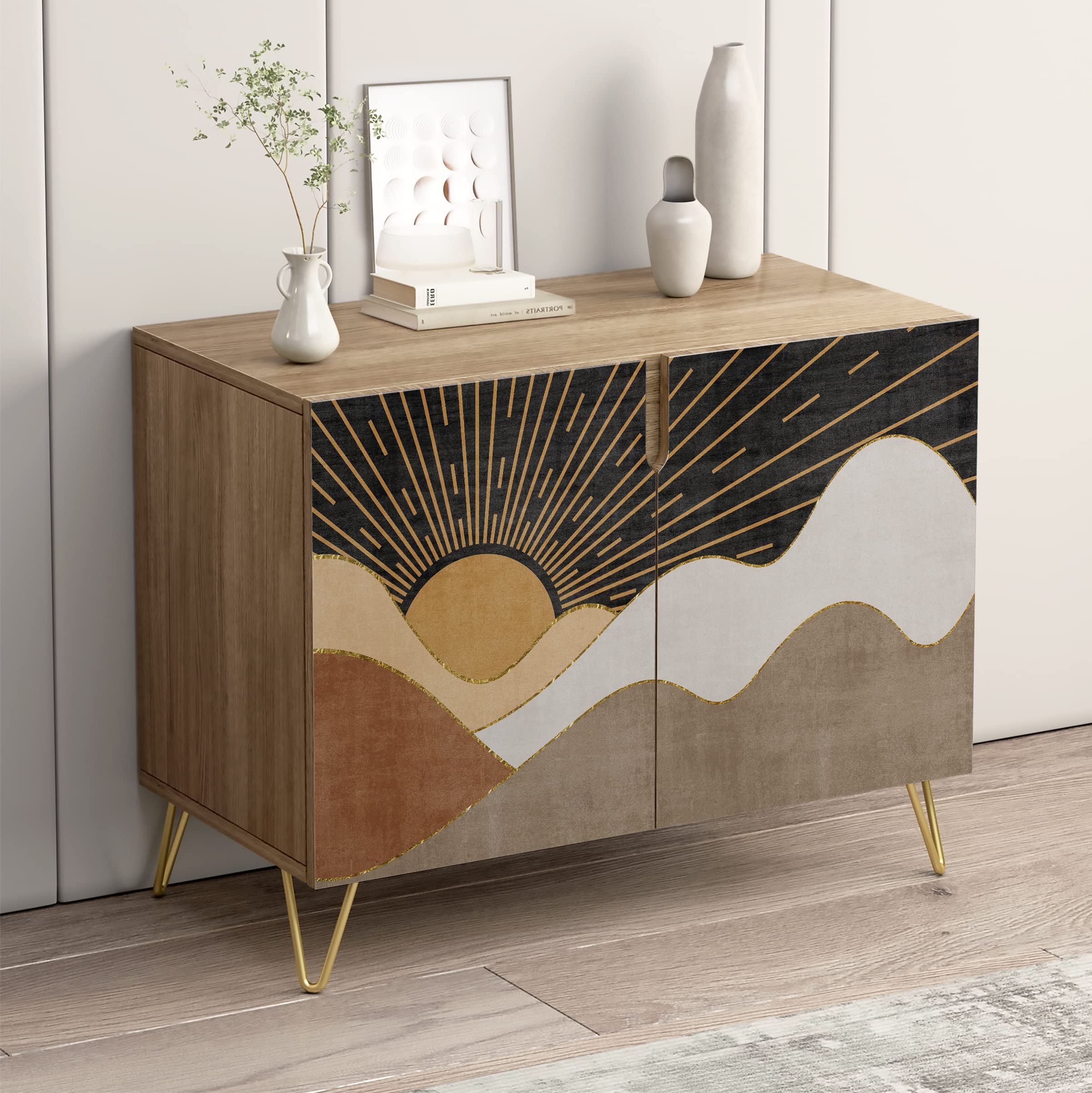 Amazon – Signwin Sideboard Buffet Cabinet, Kitchen Storage Cabinet With  2 Doors, Mid Century Geometric Sun Nature Wilderness, Cupboard Console  Table For Dining Room – 35" L X 18" W X 29" H – With Well Liked Geometric Sideboards (View 3 of 10)