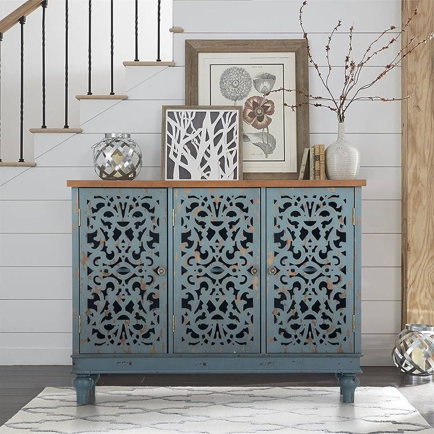 Amazon: Sophia & William Sideboard And Buffet With Storage, 3 Door  Hollow Carved Accent Cabinet, Distressed Wood Storage Cabinet Cupboard For  Kitchen, Dining Room, Living Room, Entryway, Blue : Home & Kitchen With Regard To Widely Used 3 Door Accent Cabinet Sideboards (Photo 1 of 10)