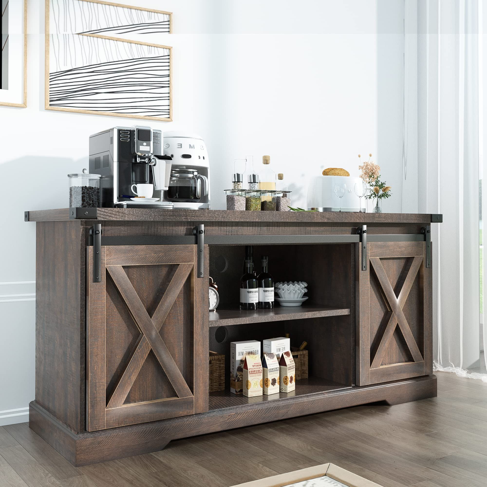 Amazon – Squireewo Farmhouse Buffet Cabinet Sideboard With Sliding Barn  Doors, Rustic Coffee Bar Cabinet Server With Storage And Adjustable  Shelves, Cupboard Table For Kitchen Dining Room Living Room, Brown – Buffets With 2020 Sideboards Double Barn Door Buffet (Photo 1 of 10)