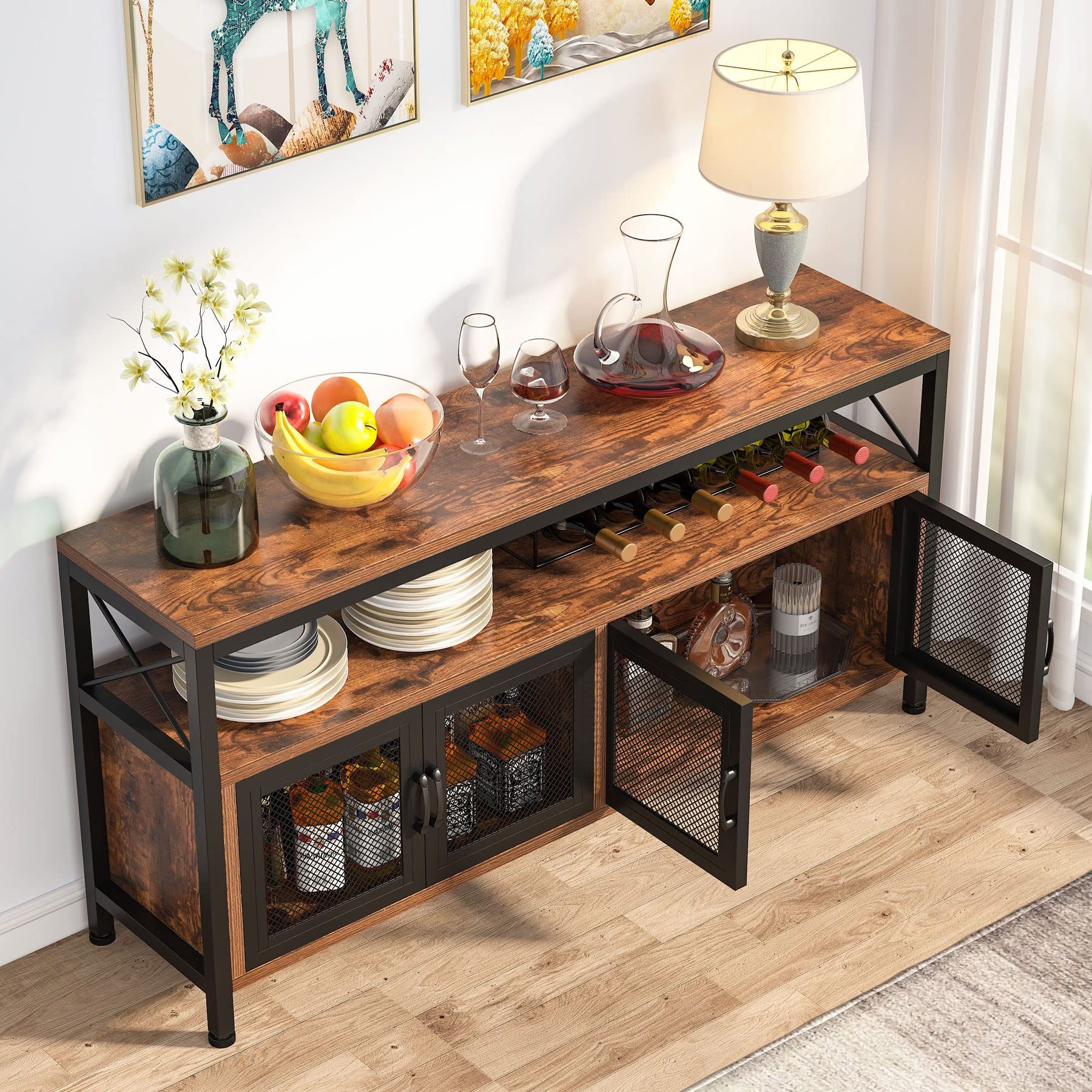 Amazon – Tribesigns Buffets & Sideboards Buffet Table Bar Cabinet With  4 Mesh Doors, Farmhouse Buffet Cabinet Bar Sideboard With Storage Open  Shelf, Wood Kitchen Buffet Storage Cabinet For Dining Room – With Regard To Most Up To Date Buffet Cabinet Sideboards (Photo 5 of 10)