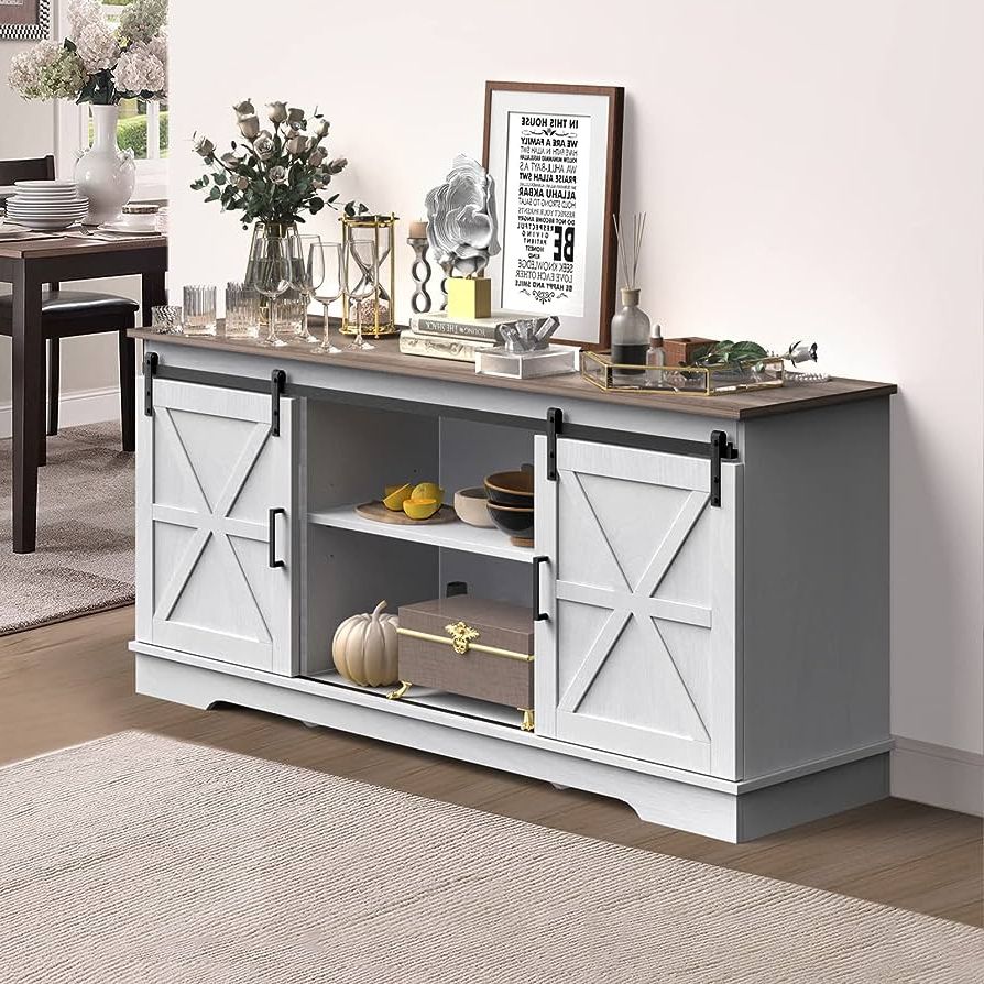 Amazon: Yitahome Kitchen Buffet Cabinet, 60“ Farmhouse Sliding Barn Door  Coffee Bar Sideboard Buffet Cabinet With Capacity 300 Lbs For Home Kitchen  Dinning Living Room, Grey White/grey Wash : Everything Else Inside Most Recent Sideboards Double Barn Door Buffet (Photo 8 of 10)
