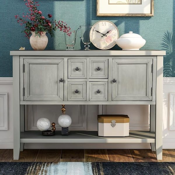 Anbazar 47 In. Grey Antique Console Table With Bottom Shelf Sideboard Buffet  With 2 Cabinets And 2 Drawers For Entryway Kz 020 E – The Home Depot Regarding Favorite Entry Console Sideboards (Photo 7 of 10)