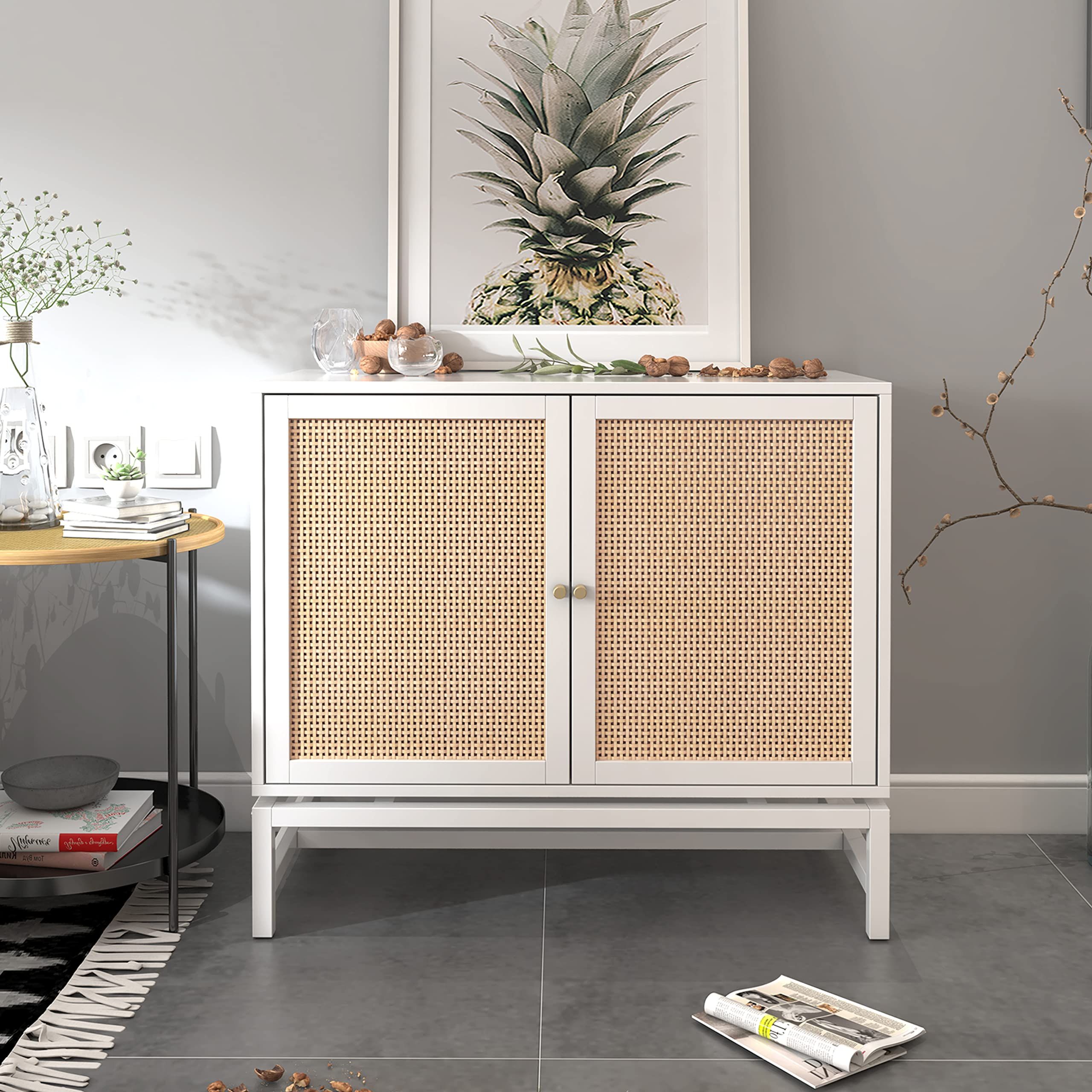 Assembled Rattan Buffet Sideboards Intended For Well Known Amazon – Zehuoge White Sideboard Buffet Side Cabinet Rattan Cupboard  With Natural Rattan, 2 Tier Storage Cabinet Rattan Accent Cabinet Built In  3 Stage Adjustable Detachable Shelf – Buffets & Sideboards (Photo 8 of 10)