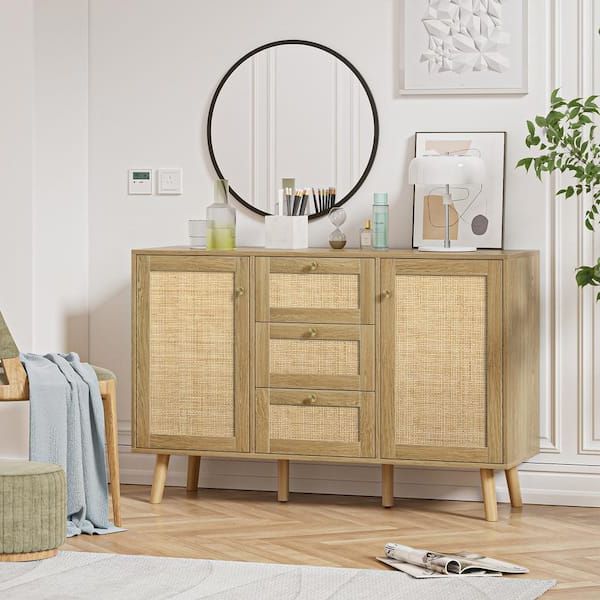 Aupodin Rattan Buffet Sideboard With 3 Drawers, Entryway Serving Accent  Storage Cabinet Natural Oak H0028 – The Home Depot For Current Assembled Rattan Buffet Sideboards (View 9 of 10)