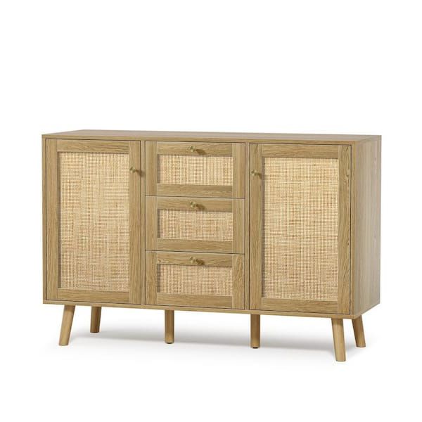 Aupodin Rattan Buffet Sideboard With 3 Drawers, Entryway Serving Accent  Storage Cabinet Natural Oak H0028 – The Home Depot With Regard To Recent Assembled Rattan Buffet Sideboards (Photo 7 of 10)