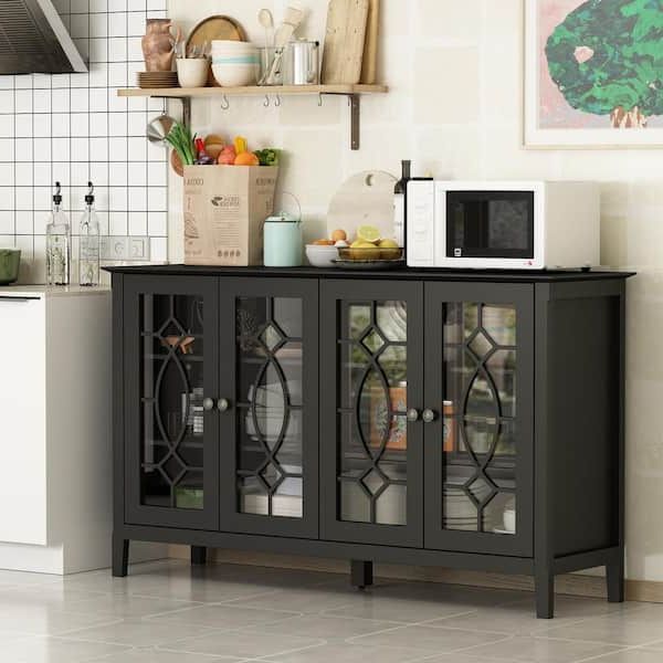 Buffet Tables For Dining Room Pertaining To Popular Fufu&gaga Black Modern Wood Buffet Sideboard With Storage Cabinet, Glass  Doors, And Adjustable Shelves For Kitchen Dining Room Kf330001 02 – The  Home Depot (View 3 of 10)