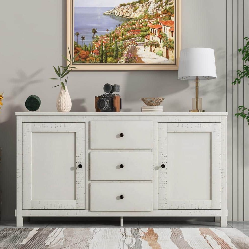 Fashionable Urtr Antique White Retro Buffet Sideboard Storage Cabinet With 2 Cabinets  And 3 Drawers, Large Storage Spaces For Dining Room T 01233 K – The Home  Depot Throughout Wide Buffet Cabinets For Dining Room (View 10 of 10)