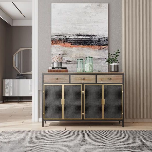 Favorite 3 Doors Sideboards Storage Cabinet Intended For Wetiny 47.64" Wide 3 Doors Modern Sideboard With 3 Top Drawers,  Freestanding Sideboard Storage Cabinet Entryway Floor Cabinet Z T 062241394  – The Home Depot (Photo 6 of 10)