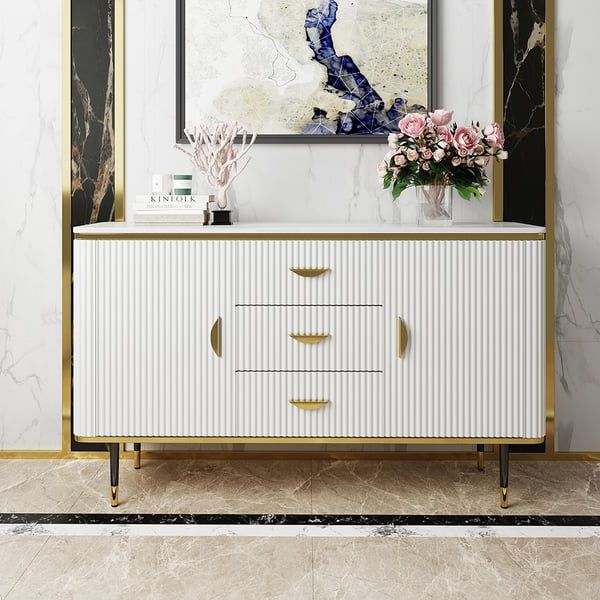 Favorite 59" Modern White Sideboard With 3 Drawers & 2 Doors And Faux Marble Top In  Large Homary Regarding Sideboards With 3 Drawers (Photo 10 of 10)