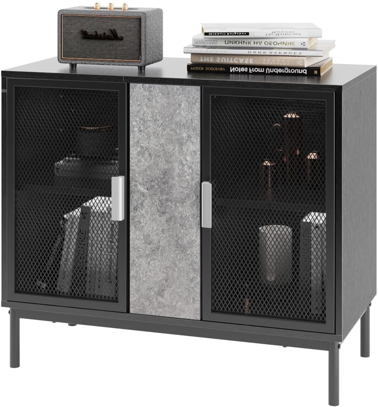 Favorite Sideboards With Breathable Mesh Doors Within Soges Accent Storage Cabinet With 2 Metal Mesh Doors, 34.4 Inches Cupboard  Sideboard With Rebound Device, Console Table Entry Table For Living Room,  Bedroom, Kitchen, Black & Grey – Walmart (Photo 9 of 10)