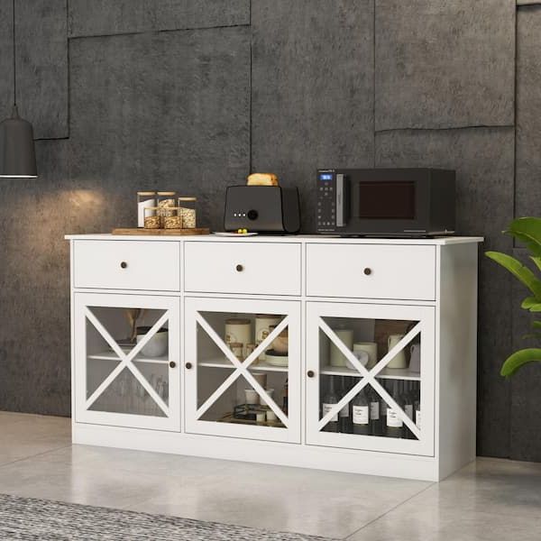 Fufu&gaga 62 In. White Sideboard With 3 Drawer And 3 Doors White Cabinets  With Large Storage Spaces Kf260033 01 – The Home Depot With Popular Sideboard Storage Cabinet With 3 Drawers & 3 Doors (Photo 7 of 10)