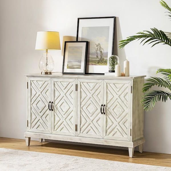 Geometric Sideboards Inside Latest Jayden Creation Arne 60'' Wide Traditional Solid Wood 4 Doors Geometric  Patterns Storage Sideboard With Adjustable Shelves White Sbty0656 Wte – The  Home Depot (Photo 4 of 10)