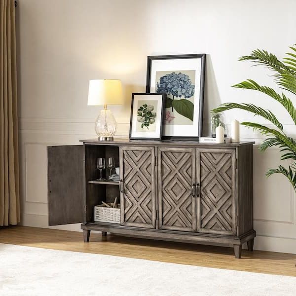 Geometric Sideboards Pertaining To 2019 Jayden Creation Arne 60'' Wide Traditional Solid Wood 4 Doors Geometric  Patterns Storage Sideboard With Adjustable Shelves  Grey Sbty0656 Gry – The  Home Depot (Photo 8 of 10)