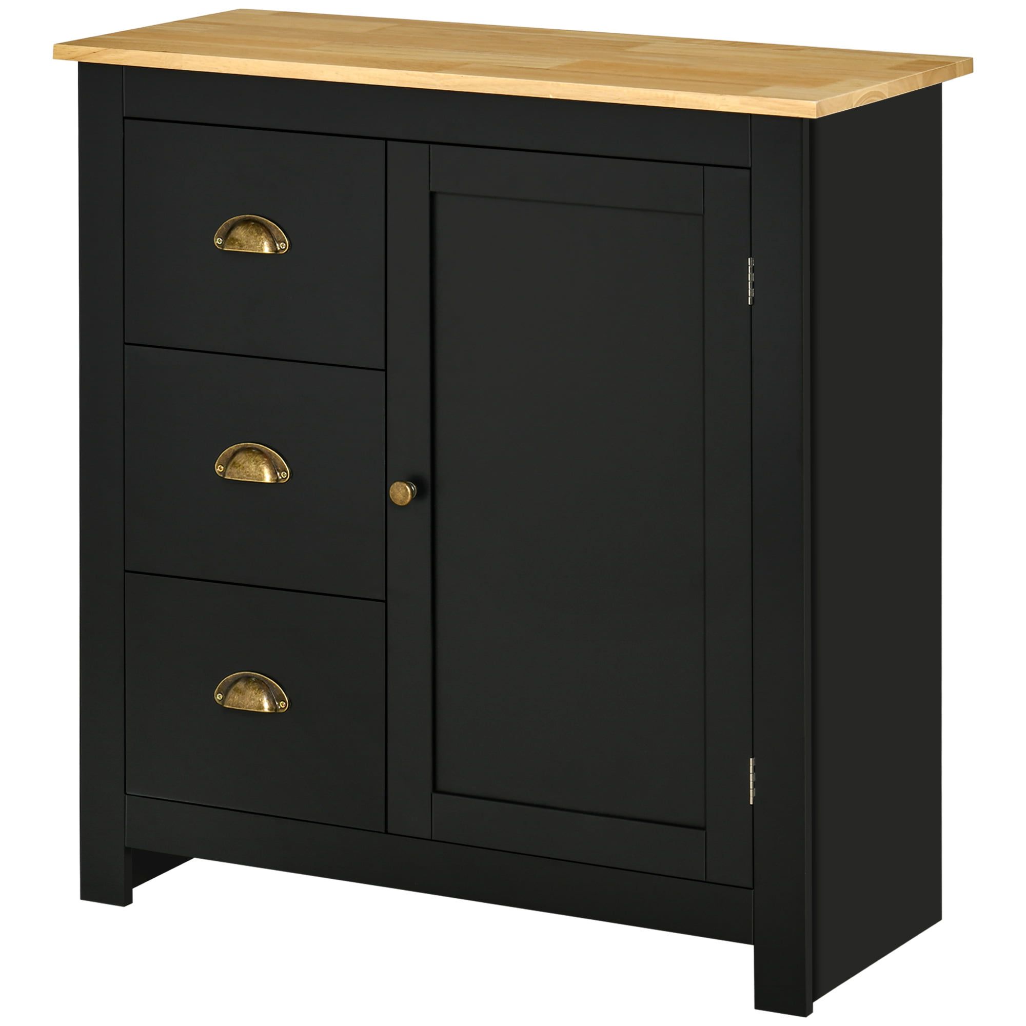 Homcom Modern Kitchen Cabinet, Storage Sideboard, Buffet Table With Rubberwood  Top, 3 Drawers And Cabinet With Adjustable Shelf, Black – Walmart With Regard To Most Recently Released Sideboards With Rubberwood Top (View 9 of 10)