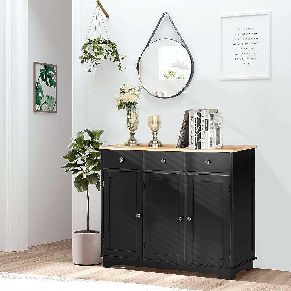 Homcom Modern Sideboard With Rubberwood Top, Buffet Cabinet With Storage  Cabinets, Drawers And Adjustable Shelves, Black : Amazon (View 3 of 10)