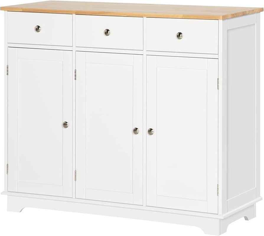 Homcom Modern Sideboard With Rubberwood Top, Buffet Cabinet With Storage  Cabinets, Drawers And Adjustable Shelves For Living Room, Kitchen, White :  Amazon.co (View 2 of 10)