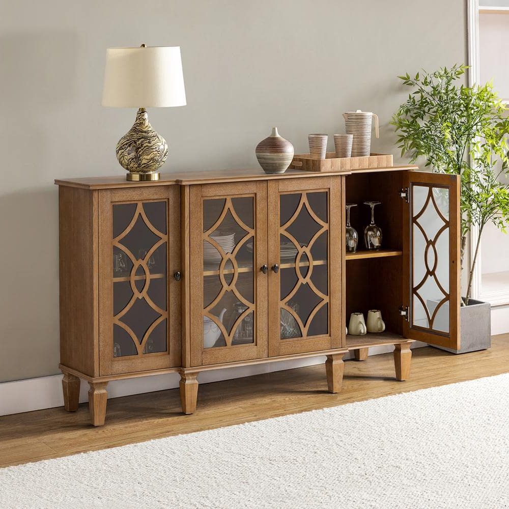 Jayden Creation Georgia 60 In. Wide Traditional Geometric Pattern Acorn  Sideboard With 4 Glass Doors And Adjustable Shelves Sbhm0767 Acr – The Home  Depot Within Newest Geometric Sideboards (Photo 10 of 10)