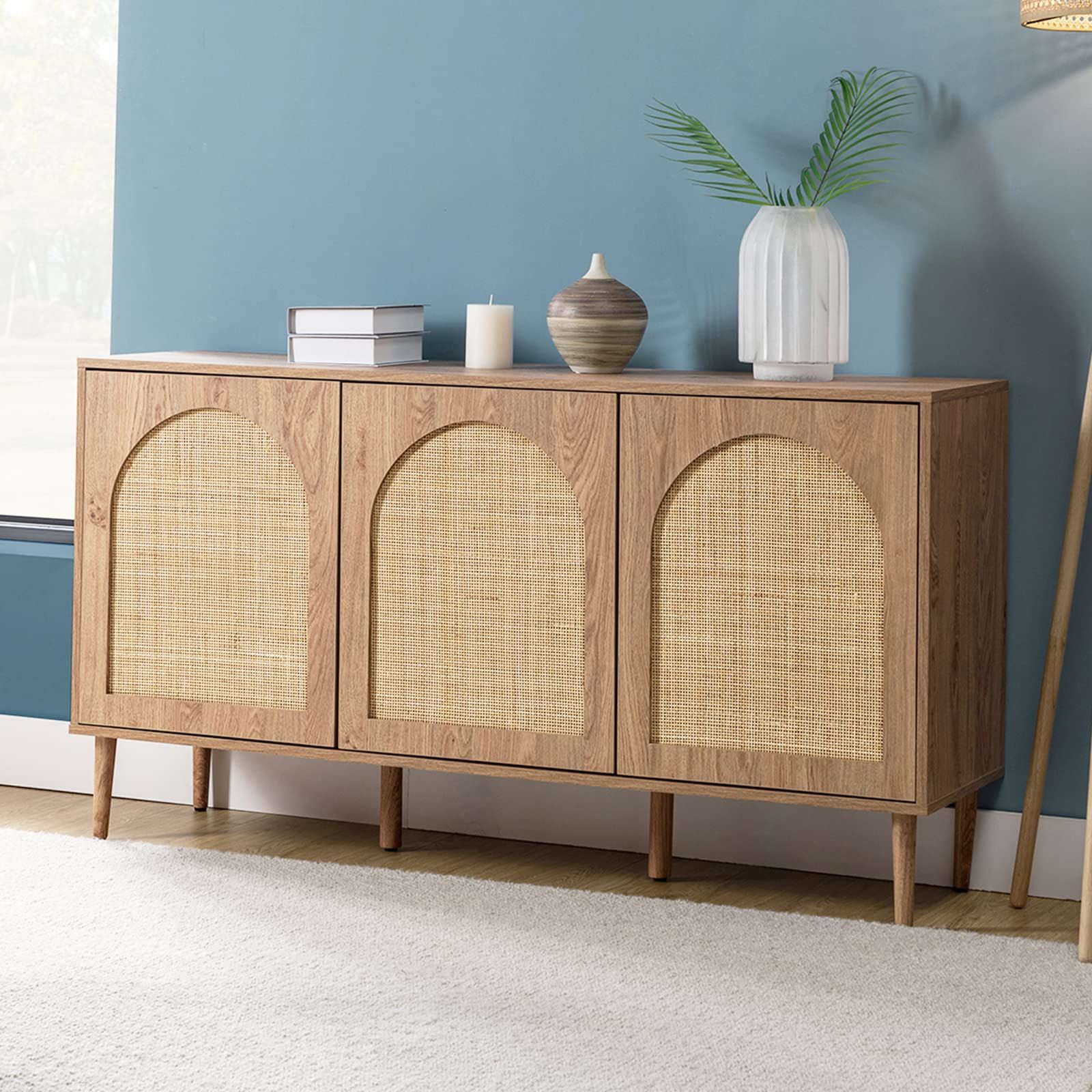 Latest Buy Hulala Home Farmhouse Boho Sideboard Buffet Cabinet With 3 Rattan Doors  And 3 Shelves, Kitchen Storage Credenza With Solid Wood Legs, Modern Accent  Console Table For Living Room & Dining Room, Throughout Rattan Buffet Tables (Photo 7 of 10)