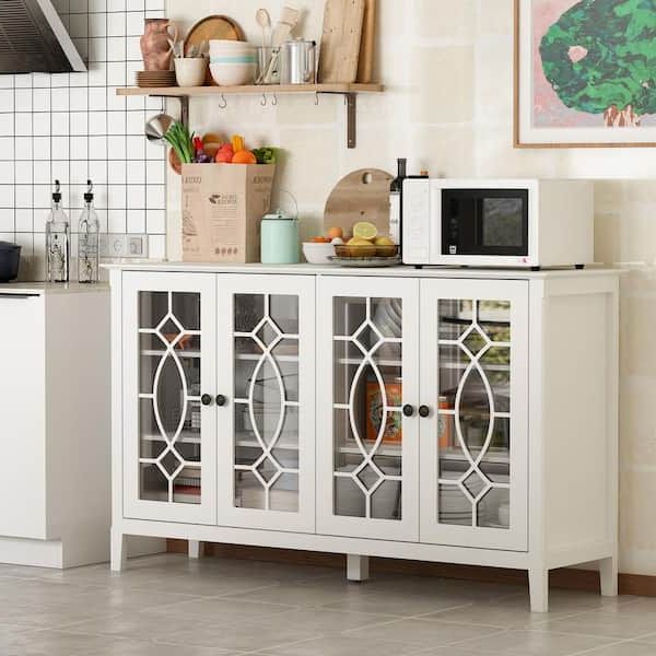 Latest Fufu&gaga Modern White Wood Buffet Sideboard With Storage Cabinet, Glass  Doors, And Adjustable Shelves For Kitchen Dining Room Kf330001 01 – The  Home Depot For Buffet Tables For Dining Room (View 6 of 10)