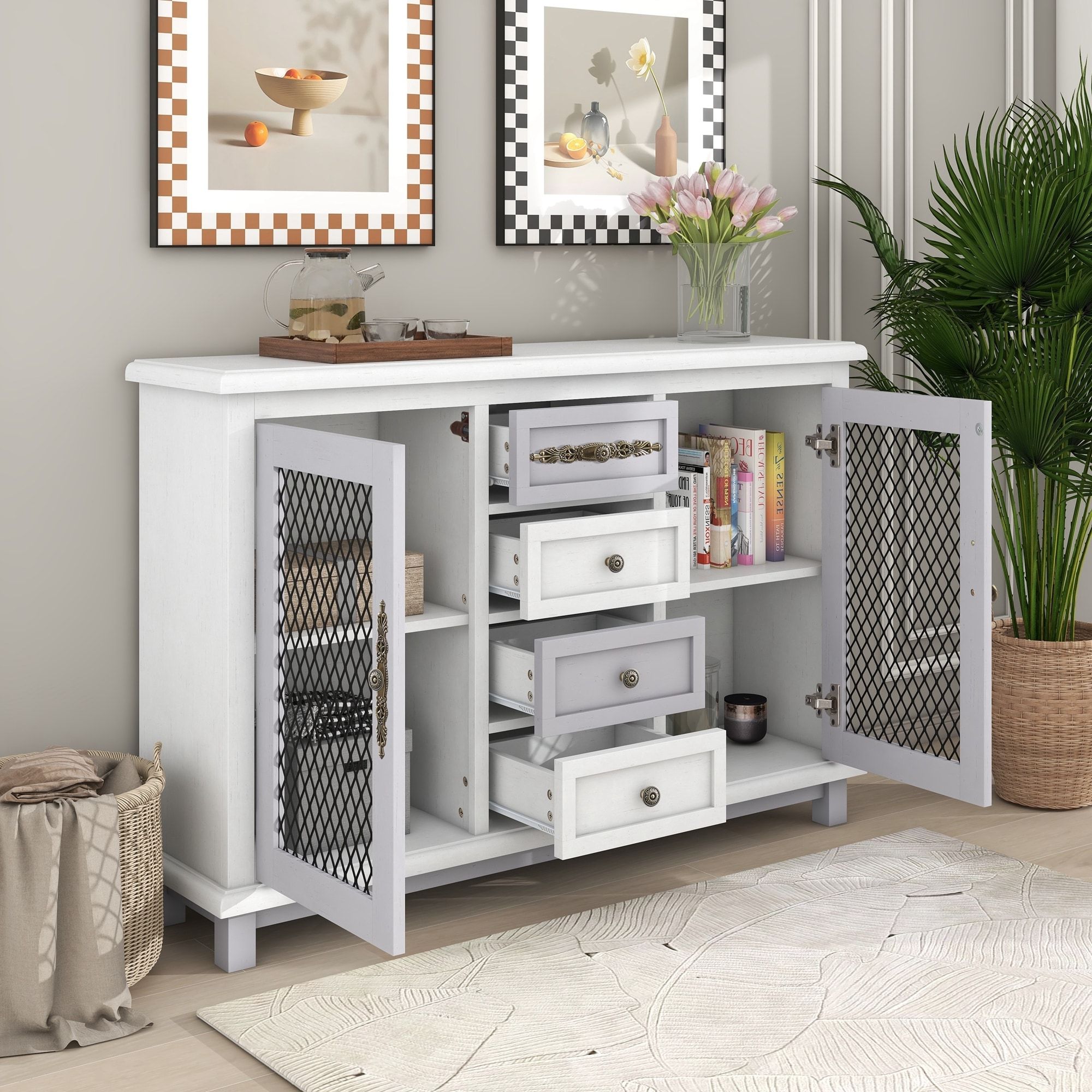 Living Room Buffet Cabinet With 4 Drawers And 2 Iron Mesh Doors – Bed Bath  & Beyond – 38460077 Pertaining To 2019 Sideboards With Breathable Mesh Doors (Photo 6 of 10)