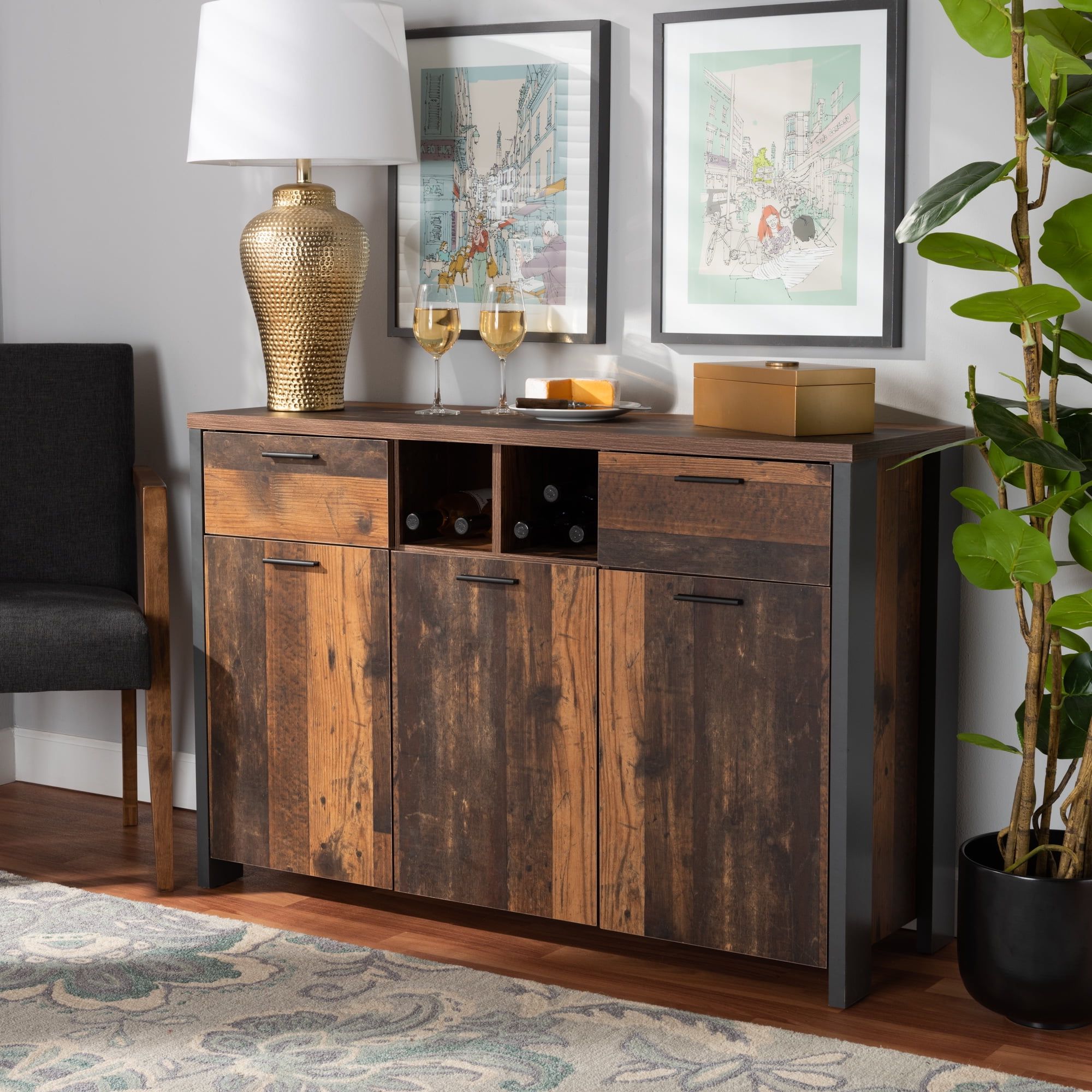 Most Current Brown Finished Wood Sideboards For Baxton Studio Ranger Mid Century Modern Rustic Brown Finished Wood And Grey  Metal 2 Door Sideboard Buffet – Walmart (Photo 1 of 10)