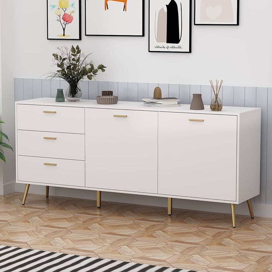 Most Current Sideboard Storage Cabinet With 3 Drawers & 3 Doors Throughout Amazon – Homsee Sideboard Cabinet With 3 Drawers & 2 Doors, Modern  Kitchen Buffet Storage Console Cabinet With Metal Legs For Living Room,  Dining Room & Entryway, White (69”l X 15.6”w X (Photo 5 of 10)