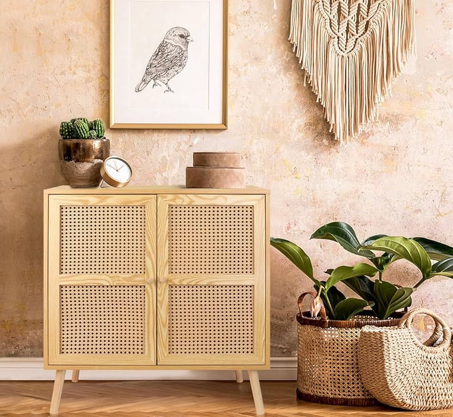 Most Recent Sideboards Cupboard Console Table Regarding Amazon – Sideboard Buffet Cabinet With Rattan Door, Accent Storage  Cabinet Natural Rattan Mid Century Modern Dresser Cupboard Console Table  Wood Bar Cabinet For Living Room Kitchen Pantry Dining Room Entryway – (Photo 7 of 10)