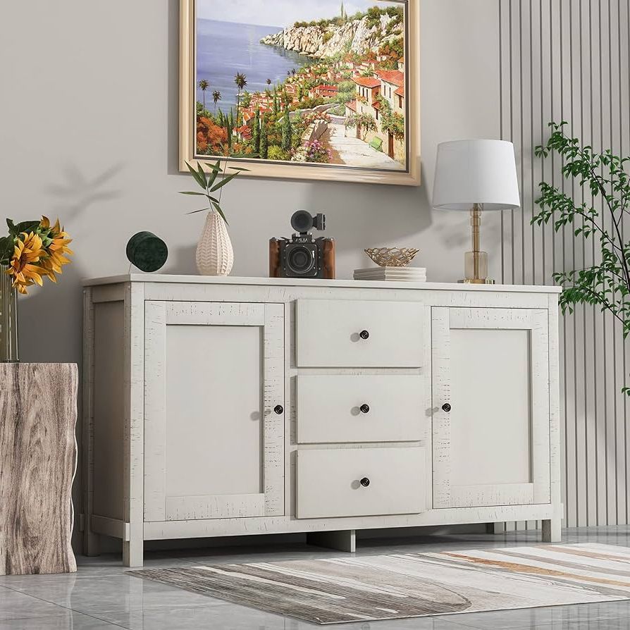 Most Recent Storage Cabinet Sideboards In Amazon – Jskj Large Storage Cabinet Sideboard, Wood Accent Buffet Table  With 3 Drawers And 2 Cabinets For Dining Living Room, Kitchen, Dining Room  (white) – Buffets & Sideboards (View 2 of 10)