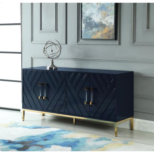 Most Recently Released Best Master Furniture Leilani 64 In. Navy Blue High Gloss Lacquer Finish  Sideboard T1942n – The Home Depot Pertaining To Navy Blue Sideboards (Photo 5 of 10)