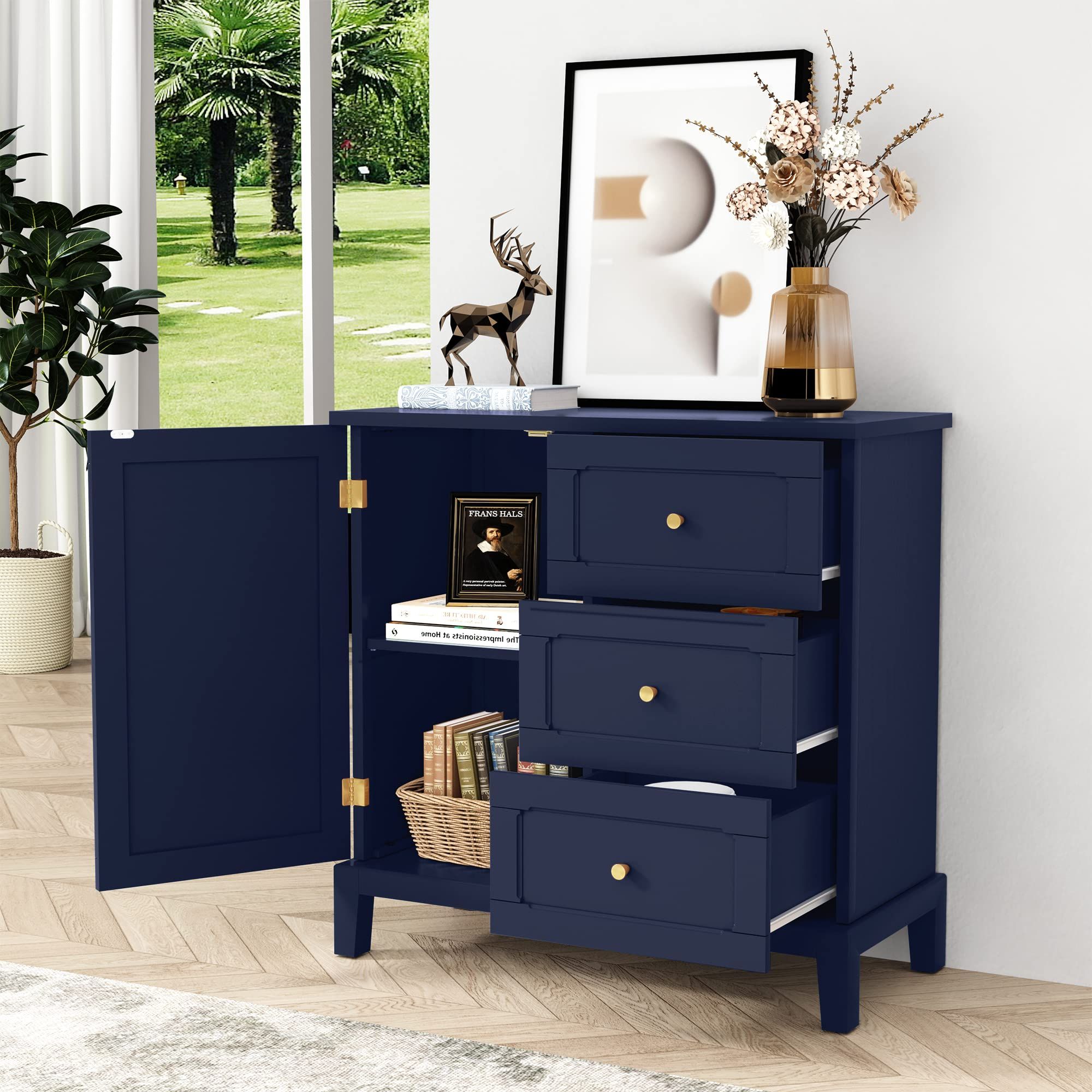 Newest Amazon: Hlr Accent Cabinet With 3 Drawers And Door, Wooden Storage  Cabinet With Shelves, Sideboard For Living Room, Bedroom, Entryway, Navy  Blue : Home & Kitchen With Regard To 3 Drawers Sideboards Storage Cabinet (View 8 of 10)