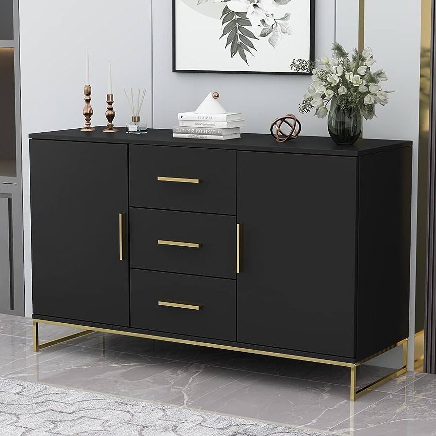 Newest Sideboards With 3 Drawers With Amazon – Aiegle Sideboard Buffet Storage Cabinet With 3 Drawers & 2  Doors, Kitchen Entryway Cupboard With Gold Metal Legs, Black (47.2" L X  15.7" W X 29.3" H) – Buffets & Sideboards (Photo 7 of 10)