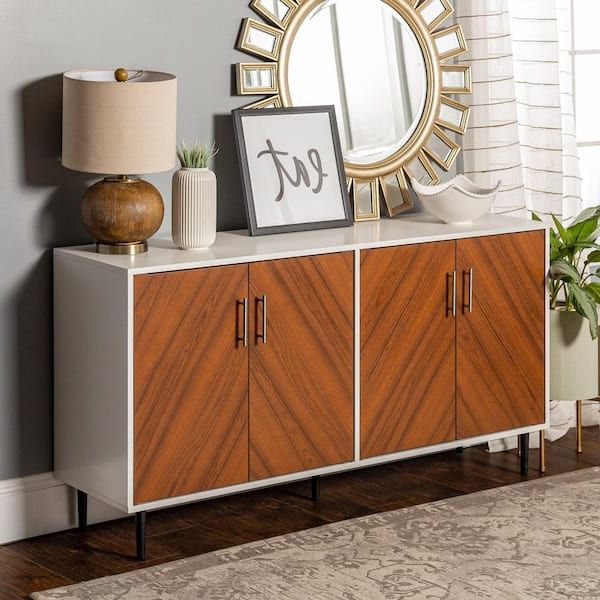 Preferred Sideboards Bookmatch Buffet With Regard To Walker Edison Furniture Company Hampton 58 In. Solid White And Teak Bookmatch  Buffet Stand Hdu58hpbmwht – The Home Depot (Photo 5 of 10)