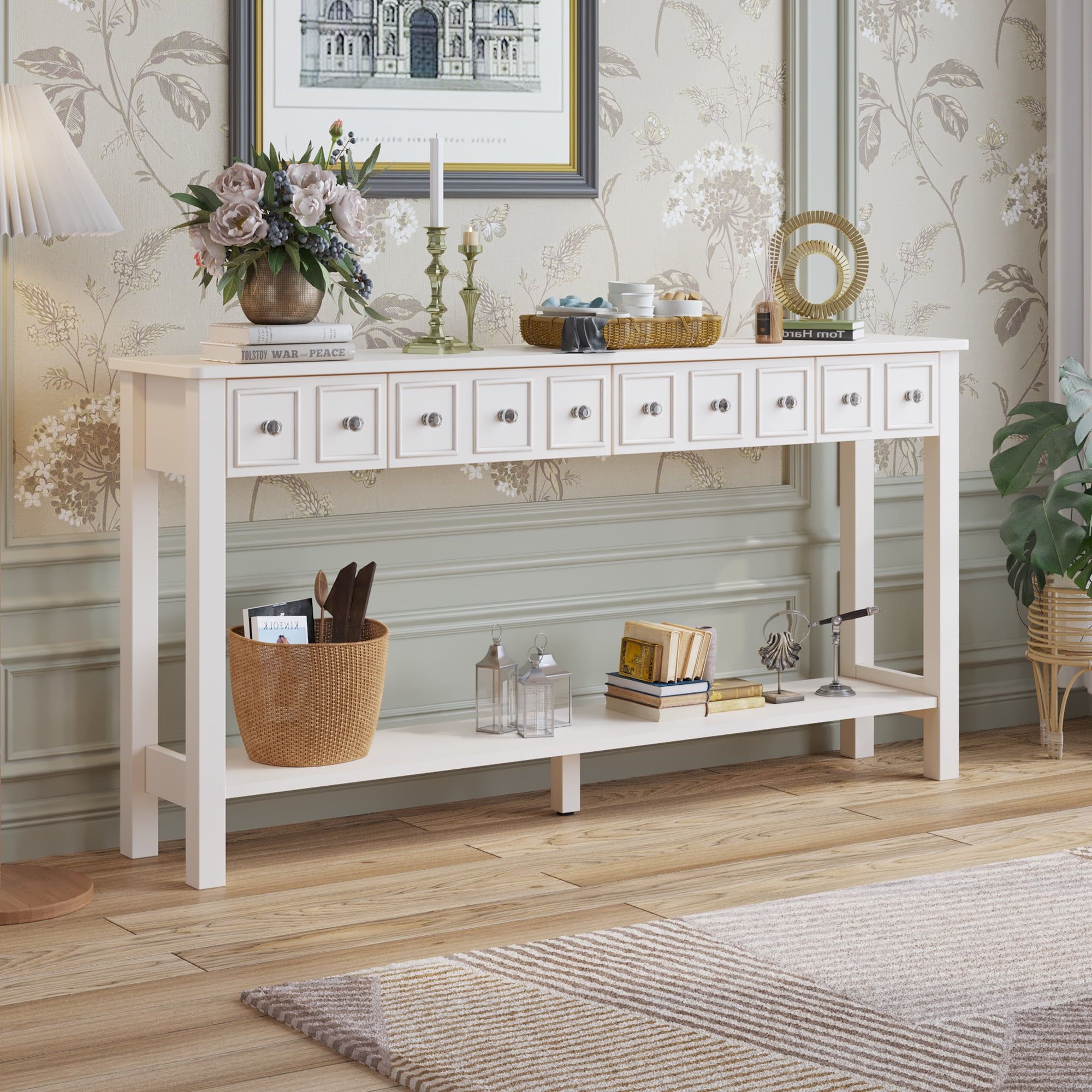 Recent Sideboards Cupboard Console Table In Console Sofa Table With 4 Drawers, 58'' Wood Buffet Sideboard Desk W/bottom  Shelf, Retro Tall Entryway Table W/ Mdf Panel For Kitchen Dining Room  Cupboard, 144lbs, Ivory White, Ss1202 – Walmart (Photo 10 of 10)