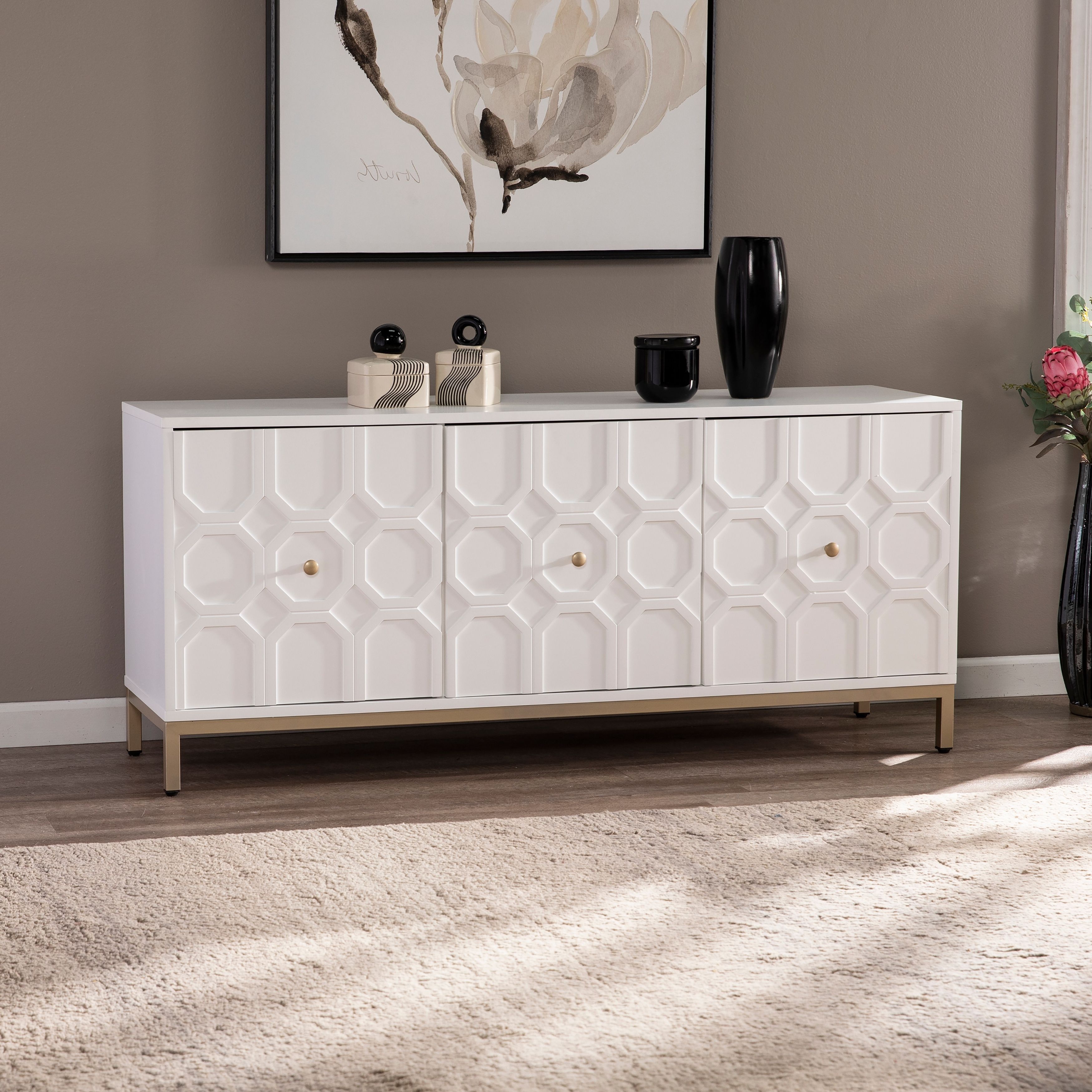 Sei Furniture Gliday Contemporary White Wood 3 Door Buffet Sideboard Accent  Cabinet – On Sale – Bed Bath & Beyond – 30217877 Intended For Widely Used Sideboards Accent Cabinet (View 7 of 10)