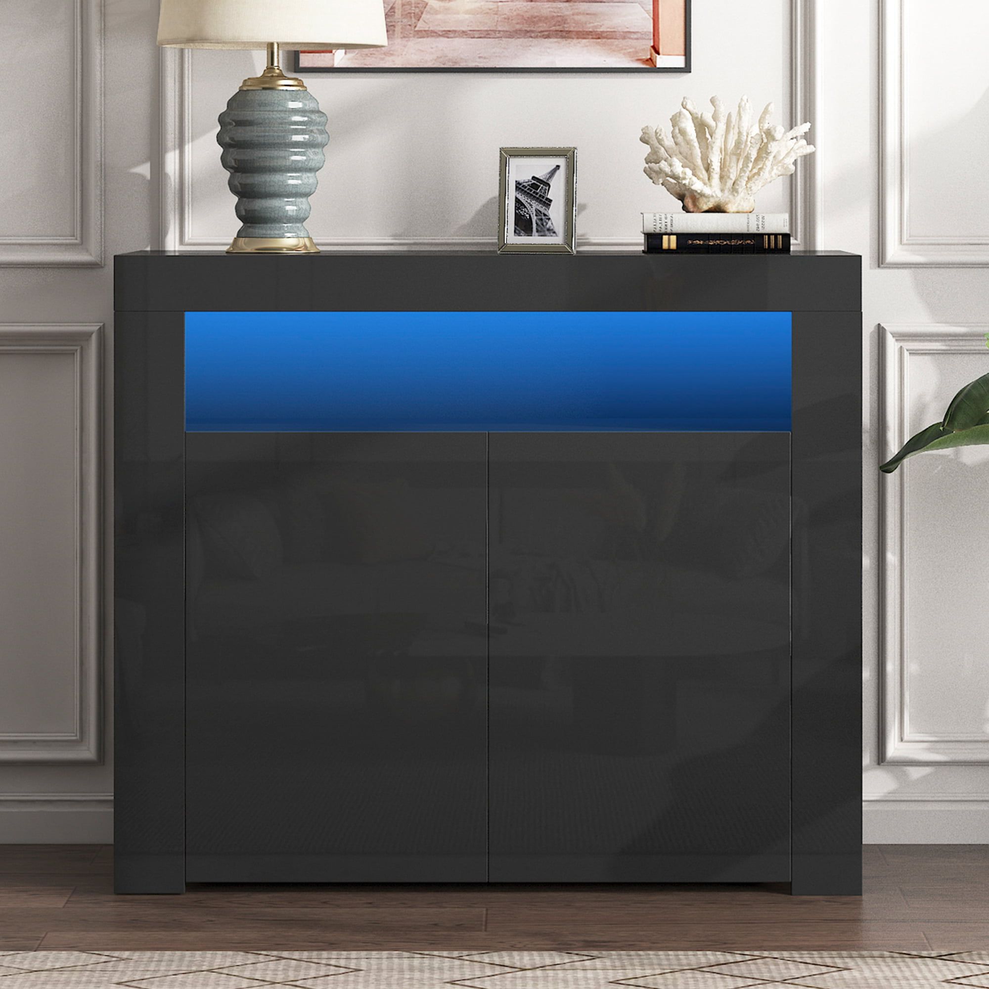 Seventh Sideboard Buffet Cabinet, High Gloss Wood Sideboard Cupboard With Led  Lights And Shelves, Kitchen Storage Server Table With Open Space, Modern  Dining Room Sideboards And Buffets, Black – Walmart Throughout Current Sideboards With Led Light (View 9 of 10)