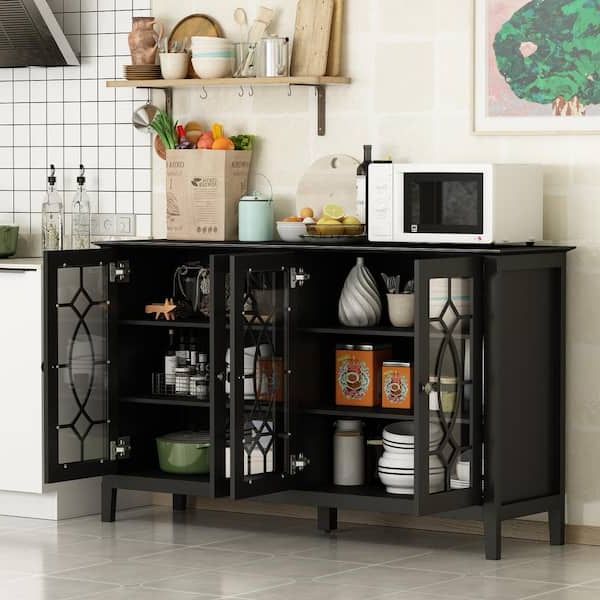 Sideboard Buffet Cabinets For Latest Fufu&gaga Black Modern Wood Buffet Sideboard With Storage Cabinet, Glass  Doors, And Adjustable Shelves For Kitchen Dining Room Kf330001 02 – The  Home Depot (View 10 of 10)
