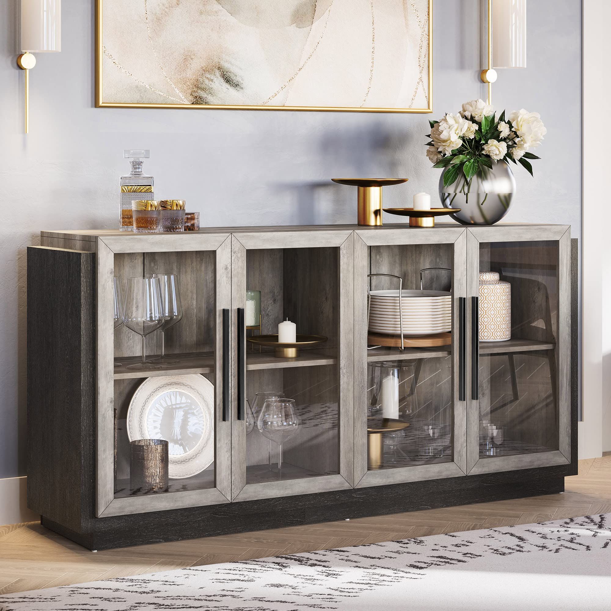 Sideboard Buffet Cabinets Intended For Most Up To Date Amazon: Belleze Sideboard Buffet Cabinet, Modern Wood Glass  Buffet Sideboard With Storage, Console Table For Kitchen, Dining Room,  Living Room, Hallway, Or Entrance – Brixston (grey) : Home & Kitchen (Photo 2 of 10)