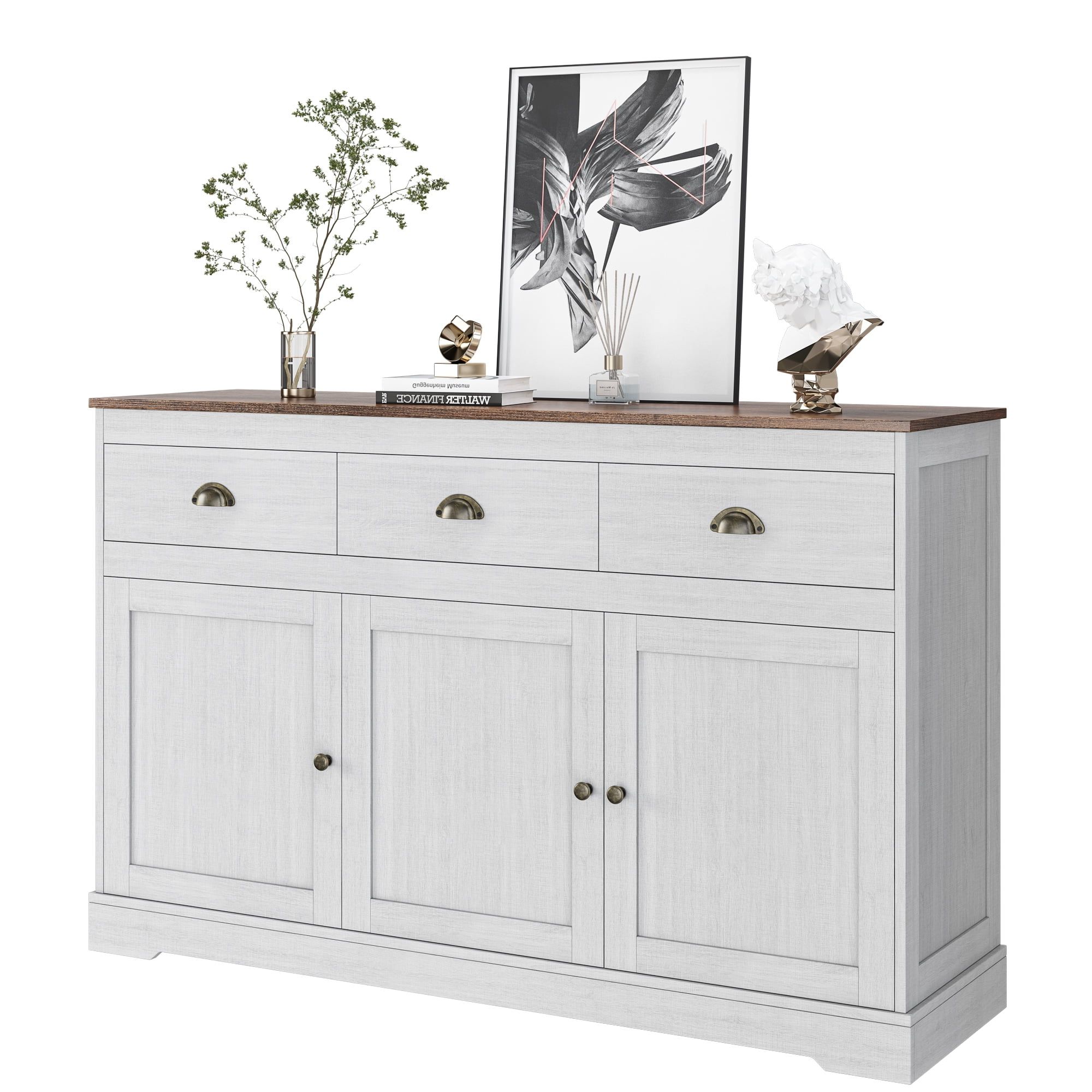 Sideboard Storage Cabinet With 3 Drawers & 3 Doors Intended For Well Known Homfa Sideboard Storage Cabinet With 3 Drawers & 3 Doors, 47.2'' Wide Buffet  Cabinet For Dining Room, Antique White – Walmart (Photo 1 of 10)