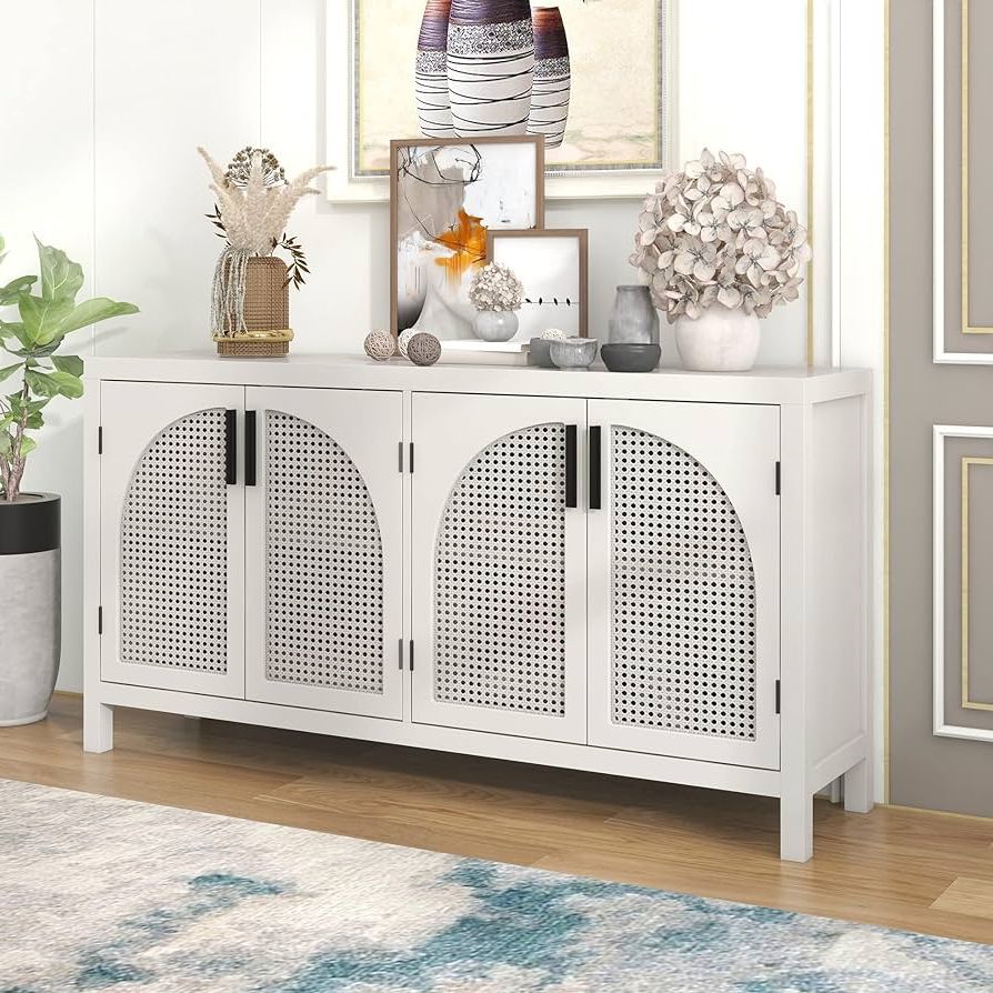 Sideboards Cupboard Console Table Inside Popular Amazon – Merax White Wood Farmhouse Buffet Sideboard Rattan Door Coffee  Bar Storge Cabinet Console Table For Living Room Bedroom Kitchen, Type 1 –  Buffets & Sideboards (View 2 of 10)