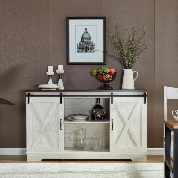 Sideboards Double Barn Door Buffet Regarding 2020 Anbazar White Buffet Sideboard With 2 Sliding Barn Doors, Kitchen Accent  Storage Cabinet With Storage Shelves For Dining Room D 001259 W – The Home  Depot (View 7 of 10)