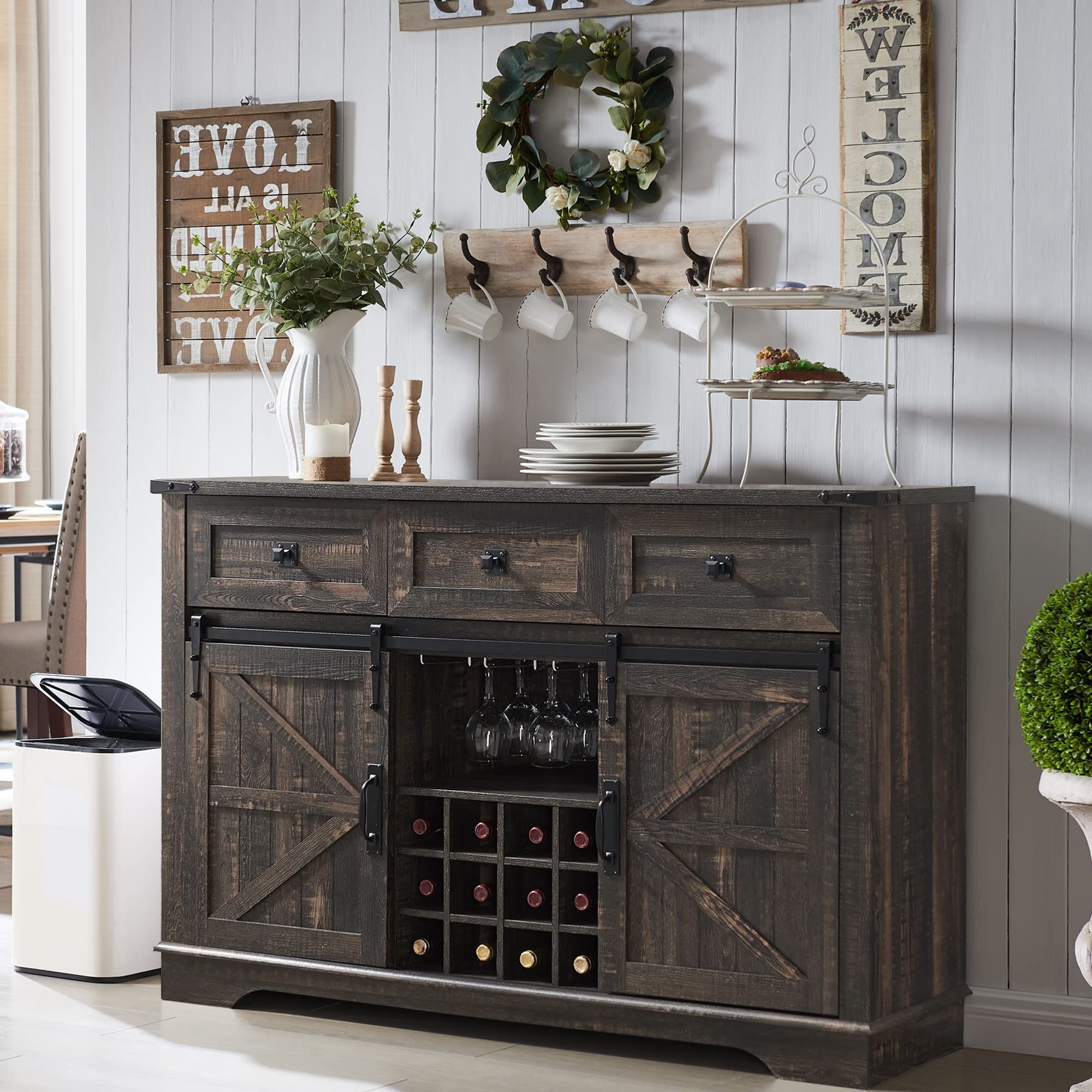 Sideboards Double Barn Door Buffet With Regard To Widely Used Amazon: Okd Farmhouse Buffet Cabinet With Storage, 54" Sideboard With 3  Drawers, Sliding Barn Door, Wine And Glass Rack, Storage Shelves, Liquor  Coffee Bar Cupboard For Kitchen, Dining Room, Dark Rustic Oak : (Photo 2 of 10)