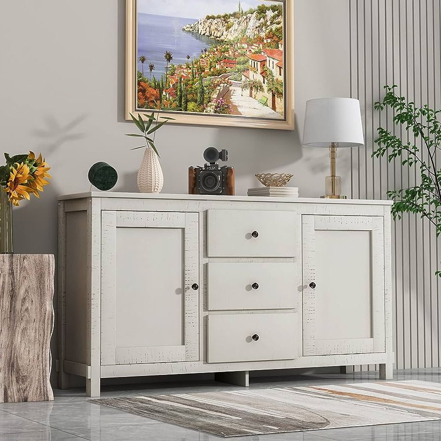 Sideboards With 3 Drawers In Best And Newest Amazon – Ruisisi Sideboard Buffet Storage Cabinet, Farmhouse Console  Table With 2 Cabinets And 3 Drawers For Living Room, Antique White – Buffets  & Sideboards (View 8 of 10)