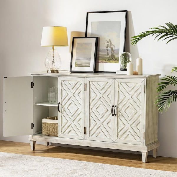 Sideboards With Adjustable Shelves Intended For Most Popular Jayden Creation Arne 60'' Wide Traditional Solid Wood 4 Doors Geometric  Patterns Storage Sideboard With Adjustable Shelves White Sbty0656 Wte – The  Home Depot (View 5 of 10)