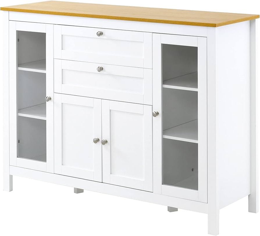 Sideboards With Rubberwood Top Intended For Most Up To Date Amazon – Homcom 47" Sideboard, Buffet Cabinet With Rubber Wood Top,  Glass Door, Coffee Bar Cabinet, Kitchen Cabinet With Drawers, Adjustable  Shelving For Living Room, White – Buffets & Sideboards (Photo 5 of 10)