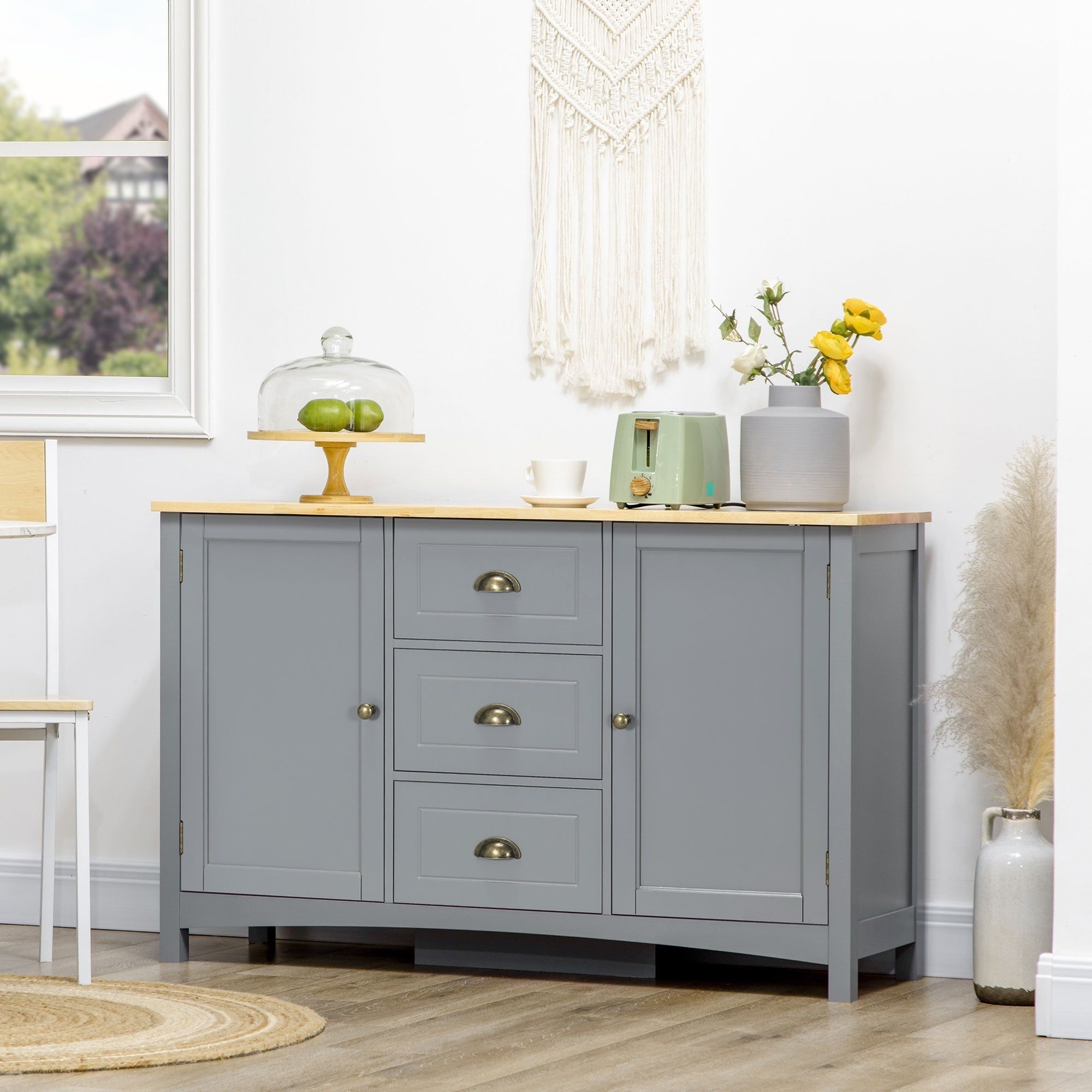 Sideboards With Rubberwood Top With Regard To Trendy Homcom Sideboard Buffet Cabinet, Retro Kitchen Cabinet, Coffee Bar Cabinet  With Rubber Wood Top, Drawers, Entryway, Gray – Bed Bath & Beyond – 38858360 (Photo 7 of 10)