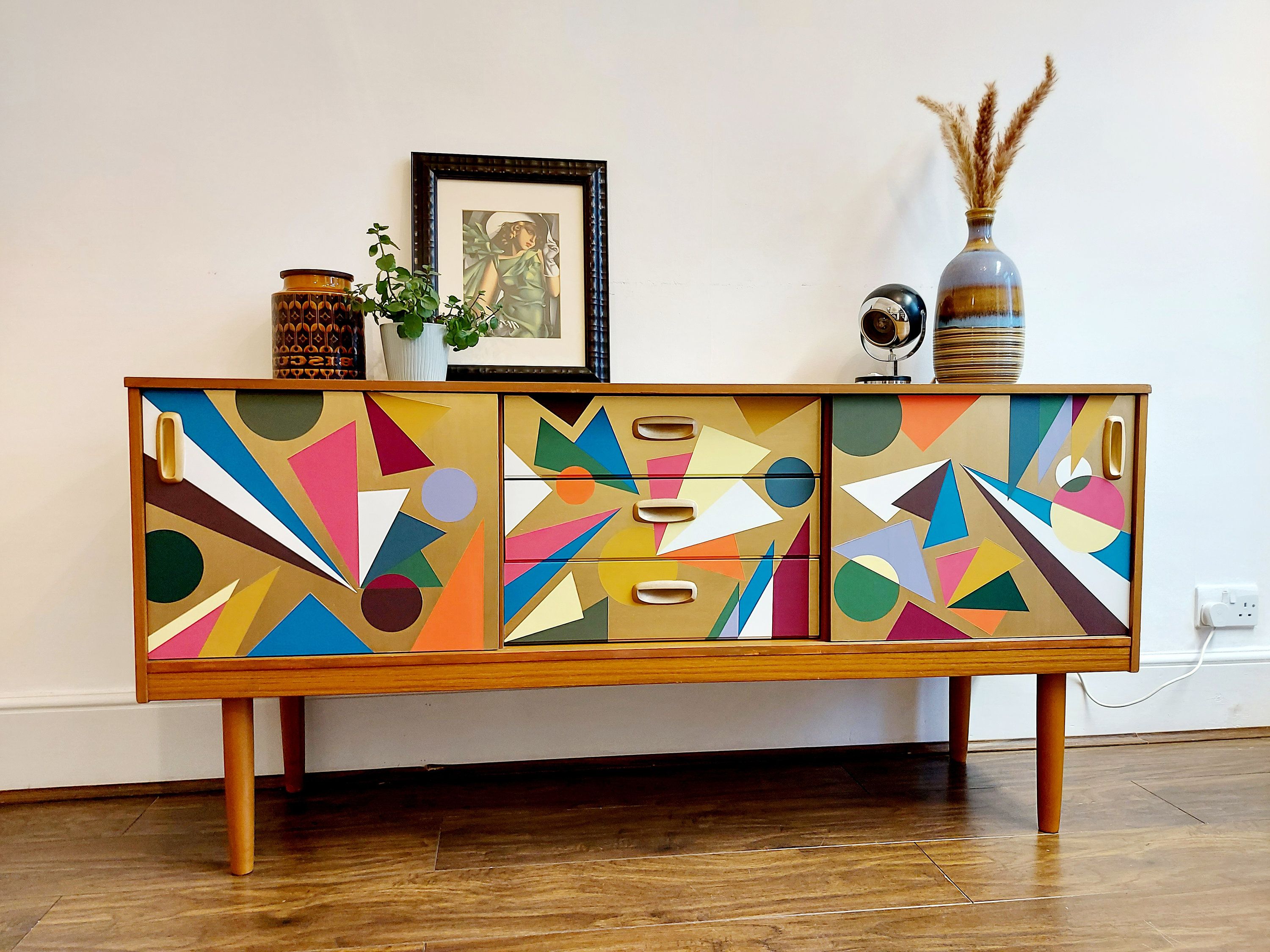 Sold Geometric Cabinet Painted Sideboard Credenza Up Cycled – Etsy Intended For Popular Geometric Sideboards (View 9 of 10)